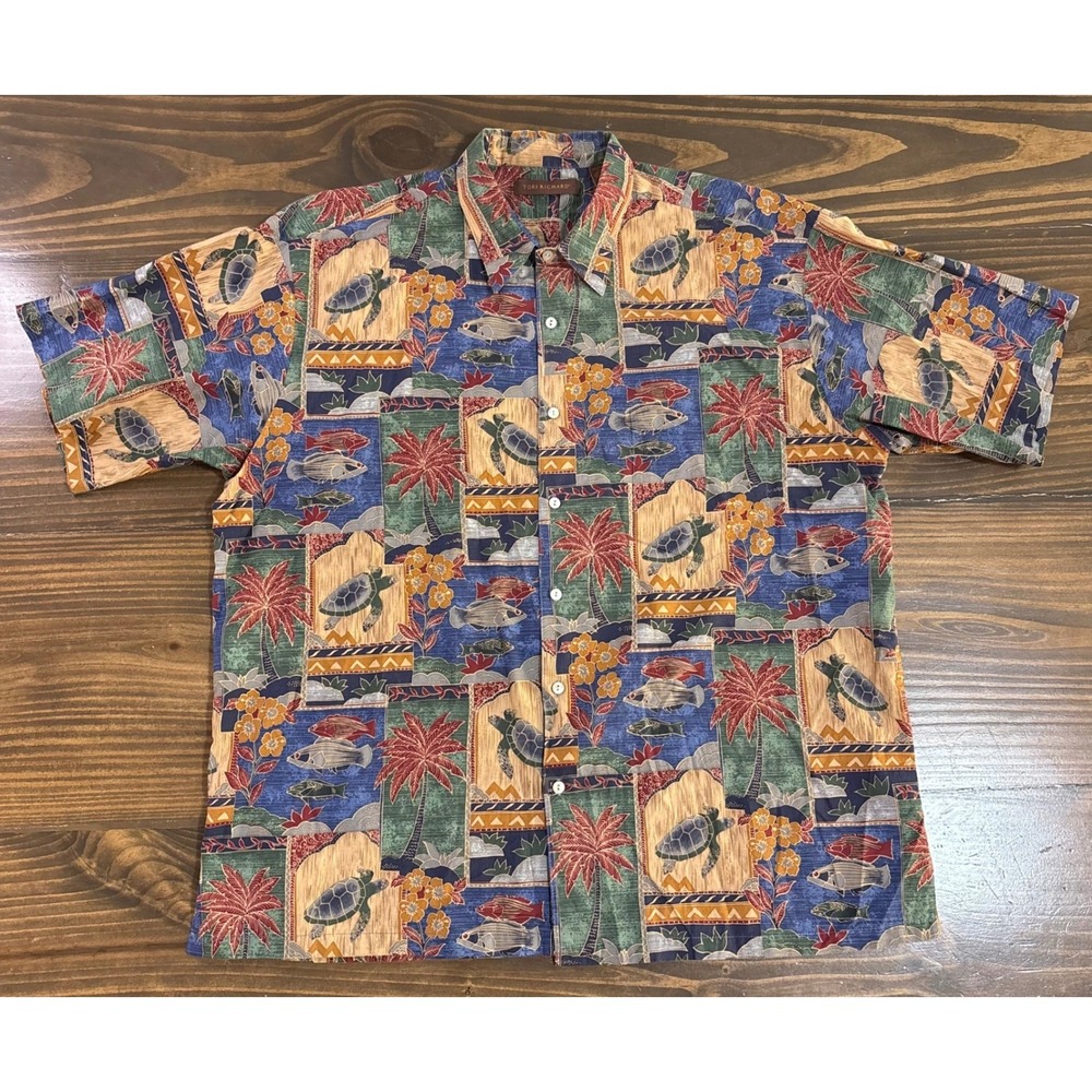 Tori Richard Mens 2XL Cotton‎ Lawn Hawaiian Shirt Sea Turtle Fish Tropical Blue - Picture 3 of 7